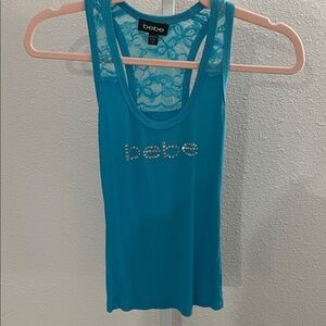 bebe Turquoise Lace-Back Rhinestone Logo Tank